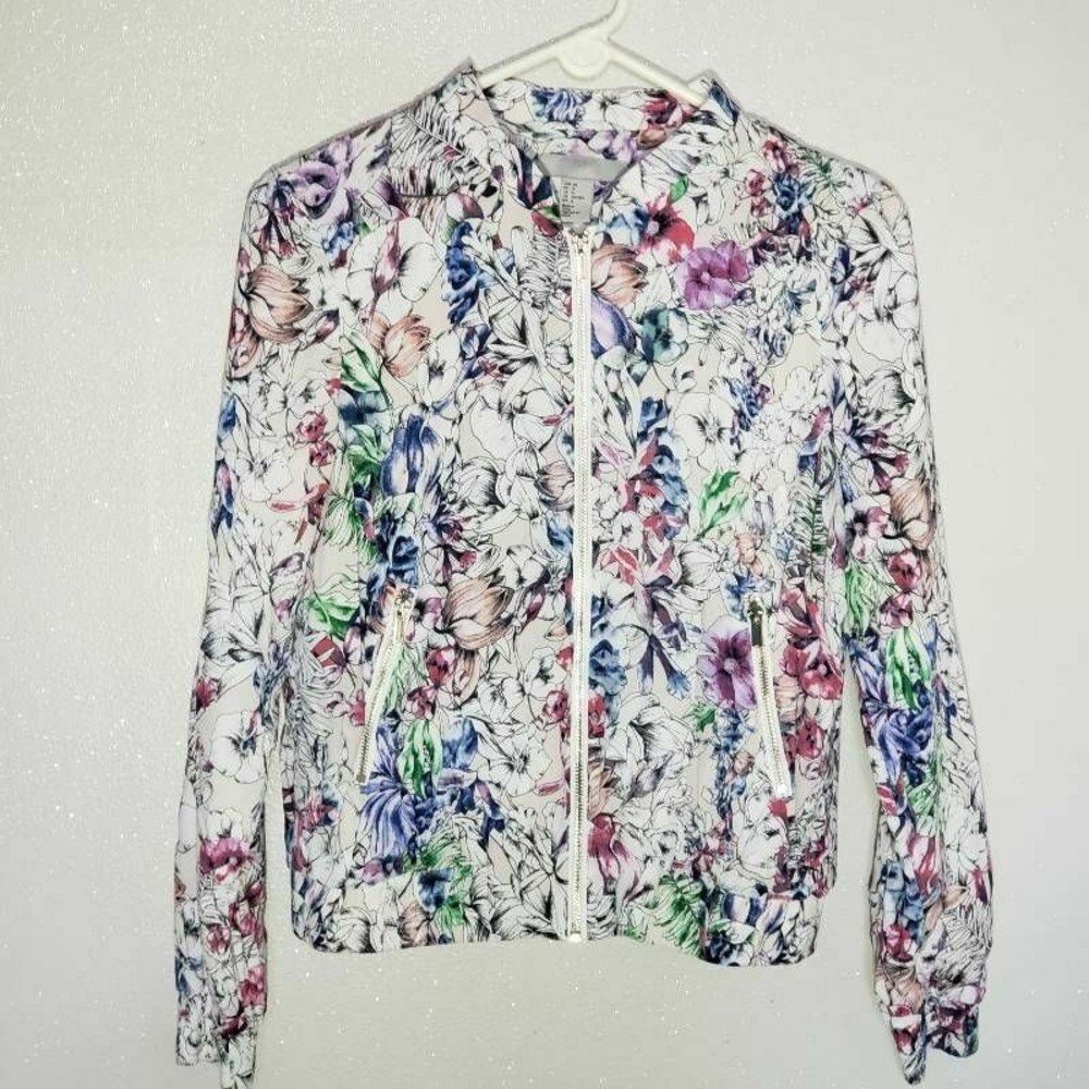 H&M Womens Crop Jacket Watercolor Floral Gold Zipper Pockets Mandarin Co…